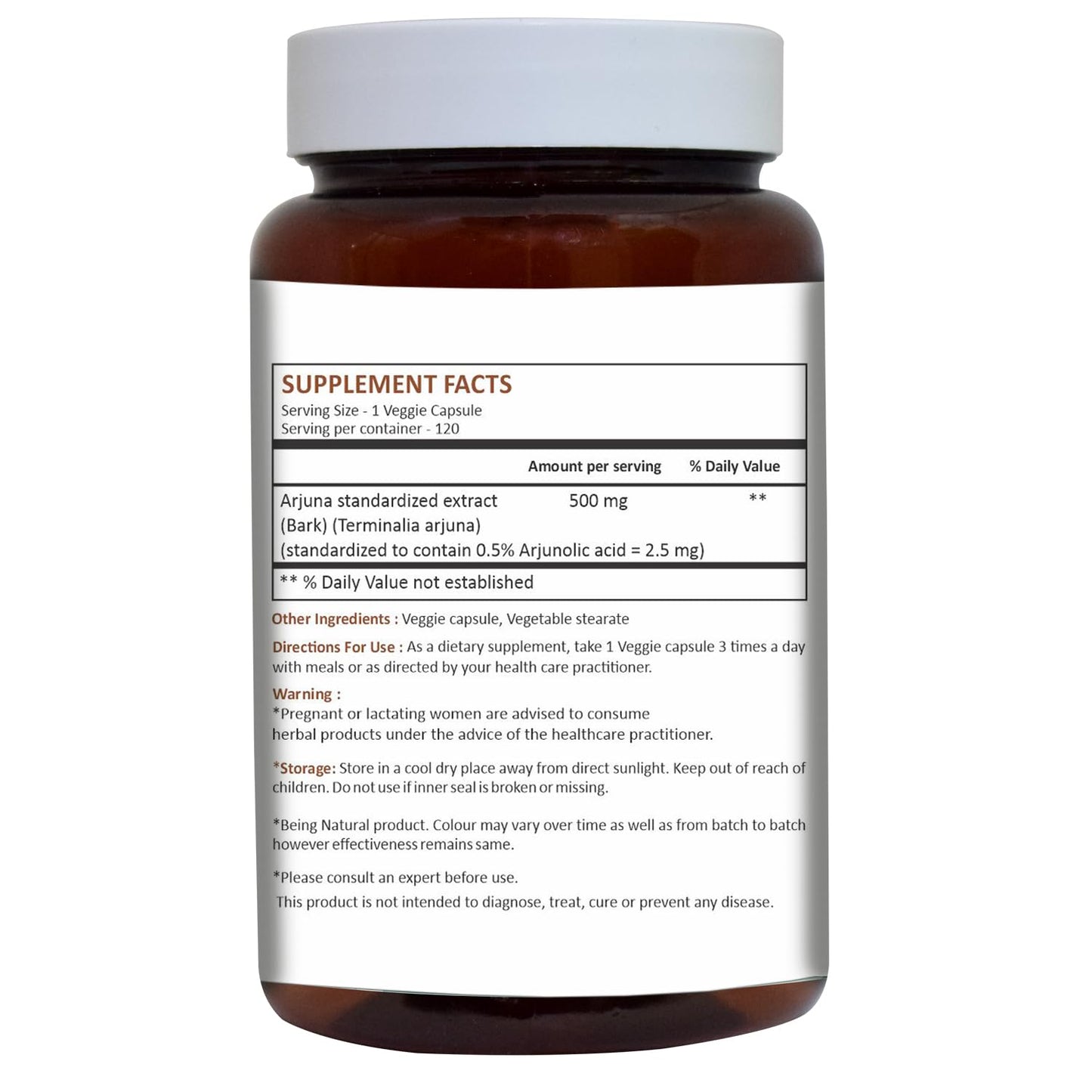 Herbal Hills Terminalia Arjuna 500mg capsule packaging highlighting active ingredients list.