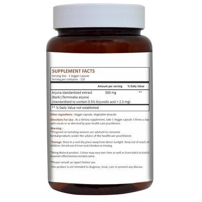 Herbal Hills Terminalia Arjuna 500mg capsule packaging highlighting active ingredients list.