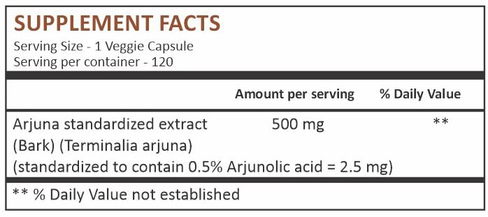 Herbal Hills Arjuna bark extract supplement showing vegetarian capsule dietary facts.