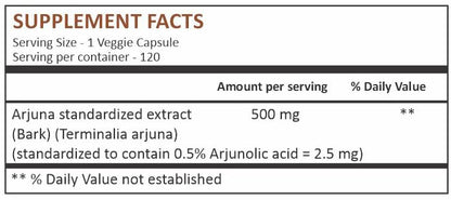 Herbal Hills Arjuna bark extract supplement showing vegetarian capsule dietary facts.
