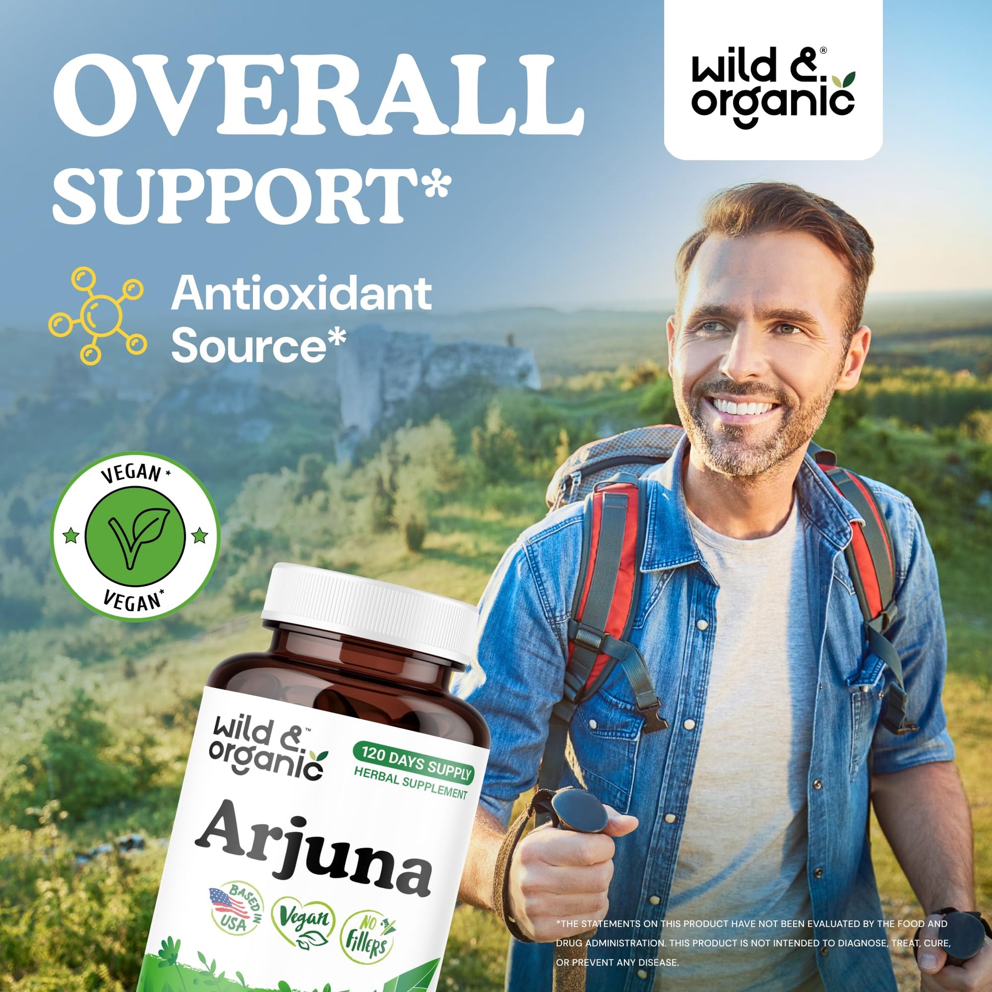 Wild Organic Arjuna supplement supplement facts label showing 600 milligram formula details.