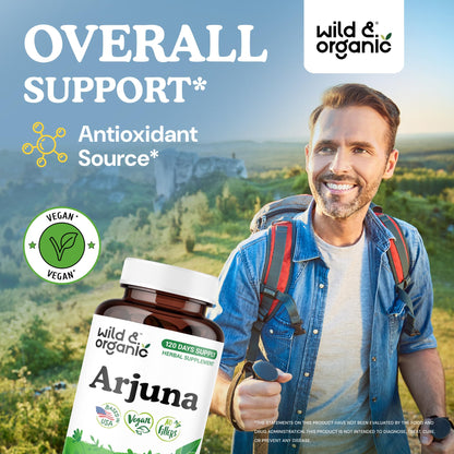 Wild Organic Arjuna supplement supplement facts label showing 600 milligram formula details.
