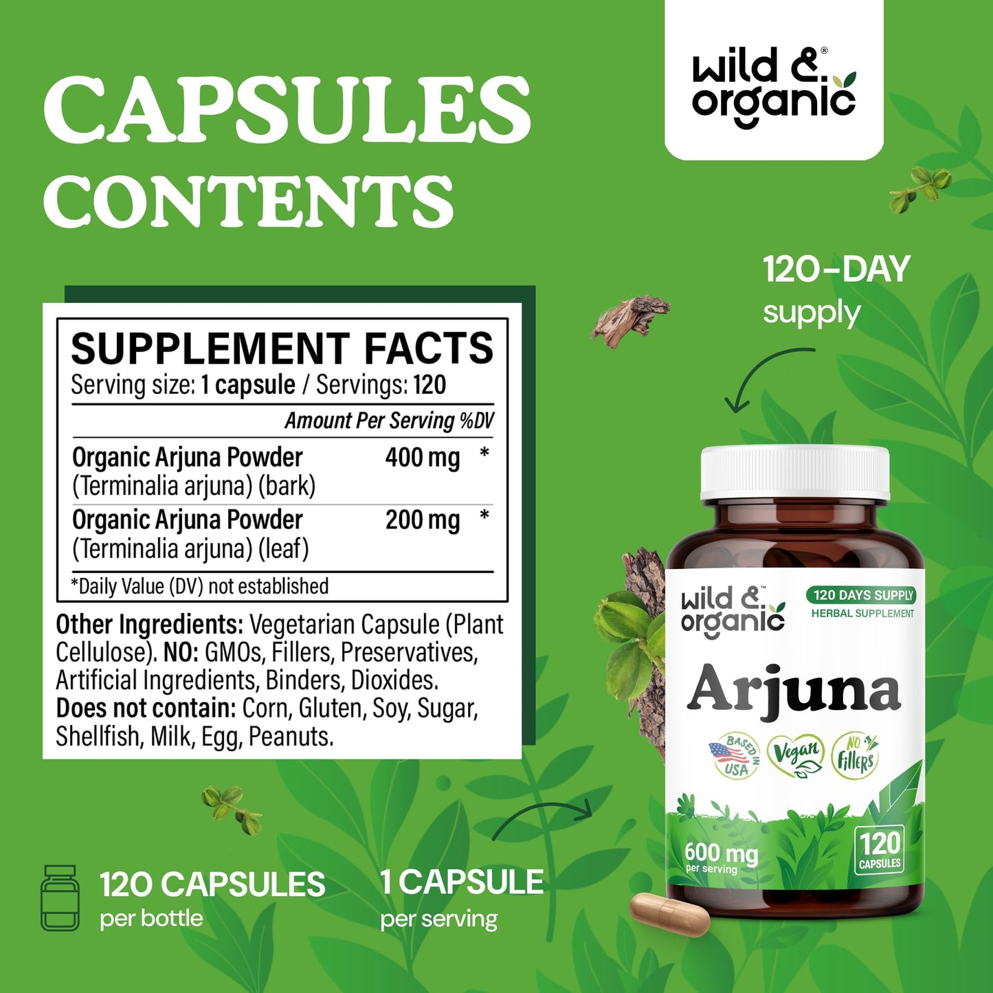 Side view of Wild Organic Arjuna herbal capsules bottle highlighting non-GMO and vegan seals.
