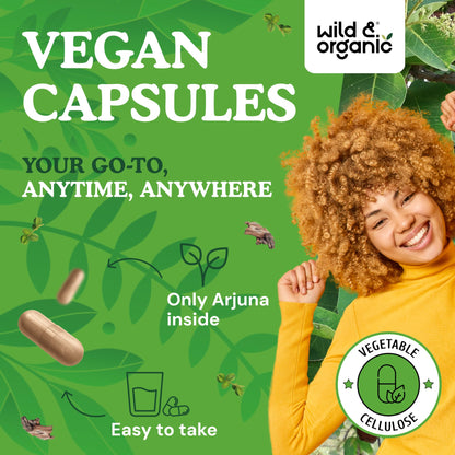 Close-up of premium Terminalia arjuna bark and leaf extract vegetable cellulose capsules.