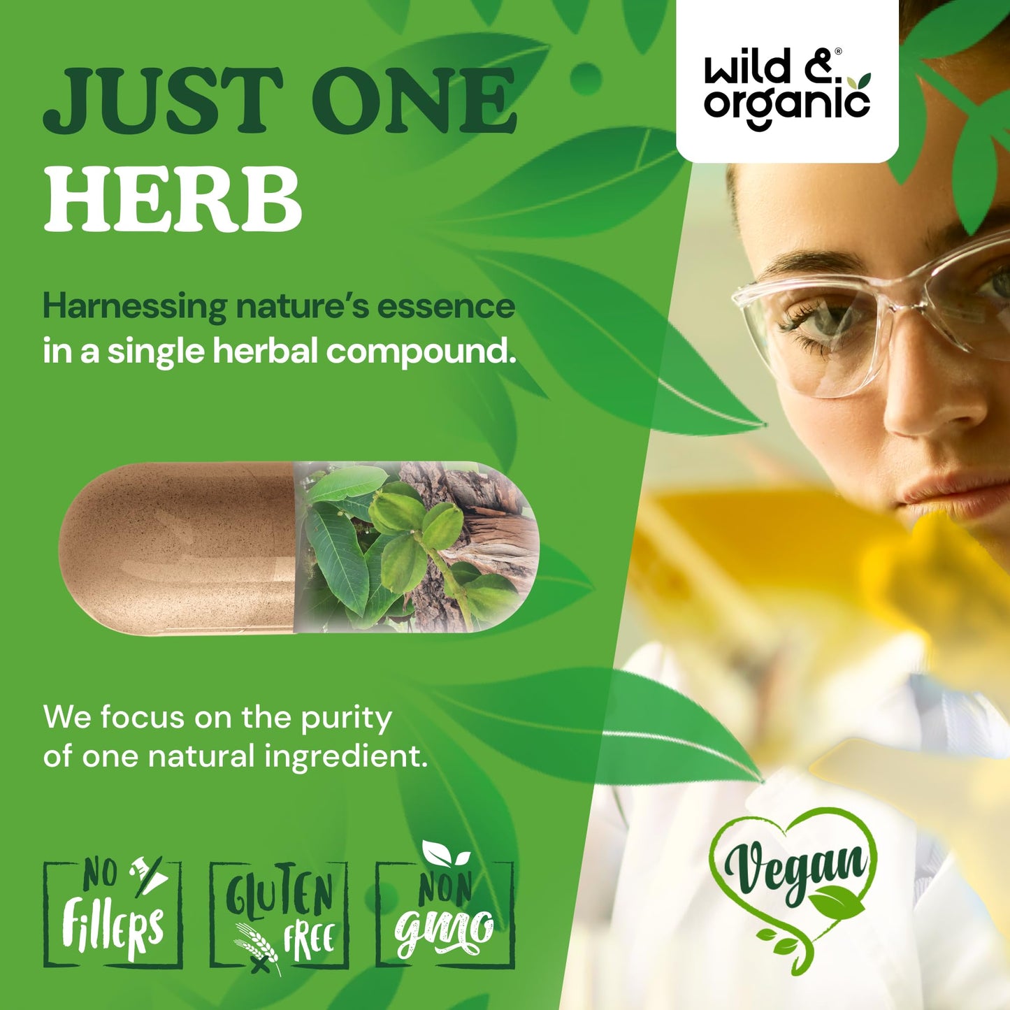 Wild Organic Arjuna heart health supplement bottle next to natural herbal lifestyle setting.