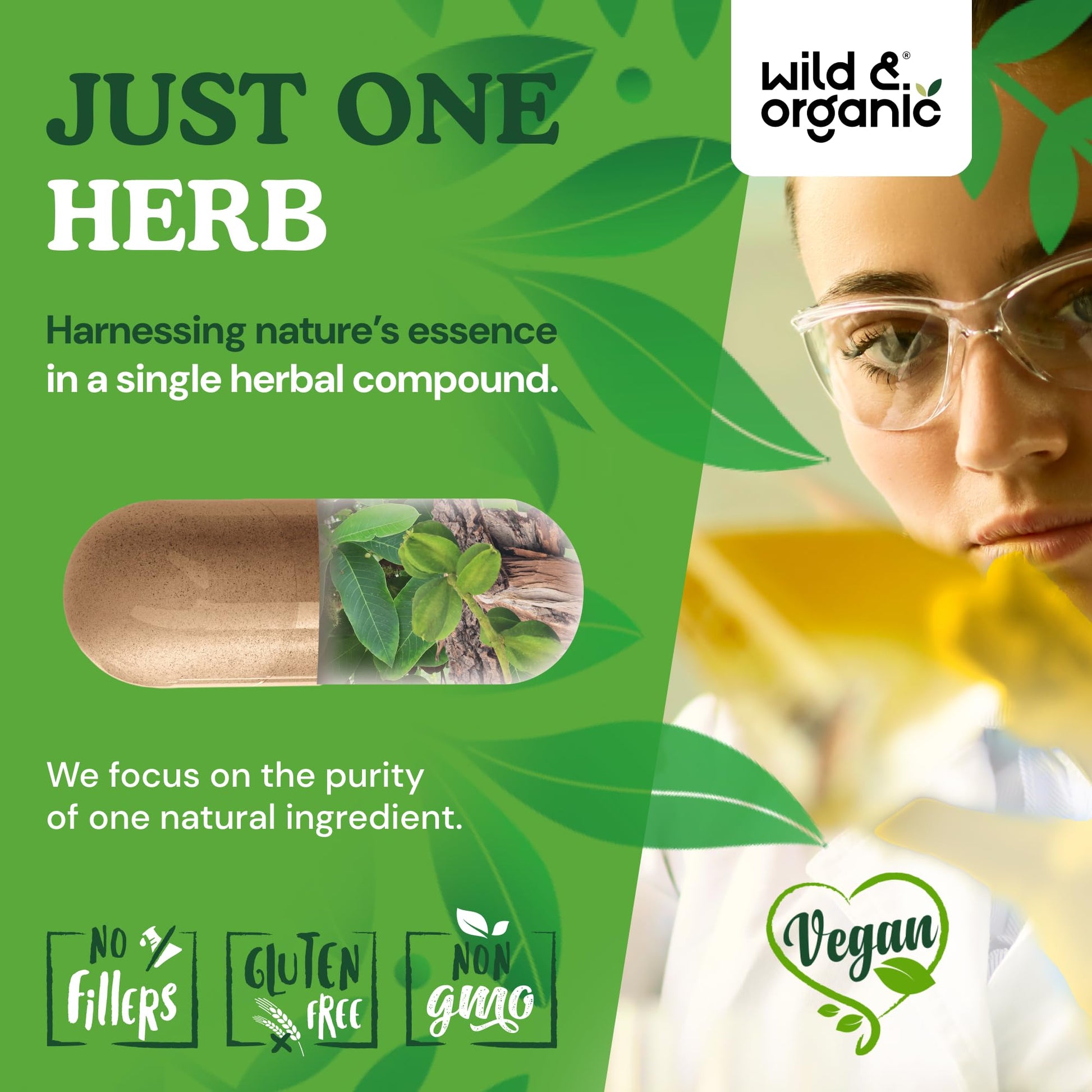 Wild Organic Arjuna heart health supplement bottle next to natural herbal lifestyle setting.