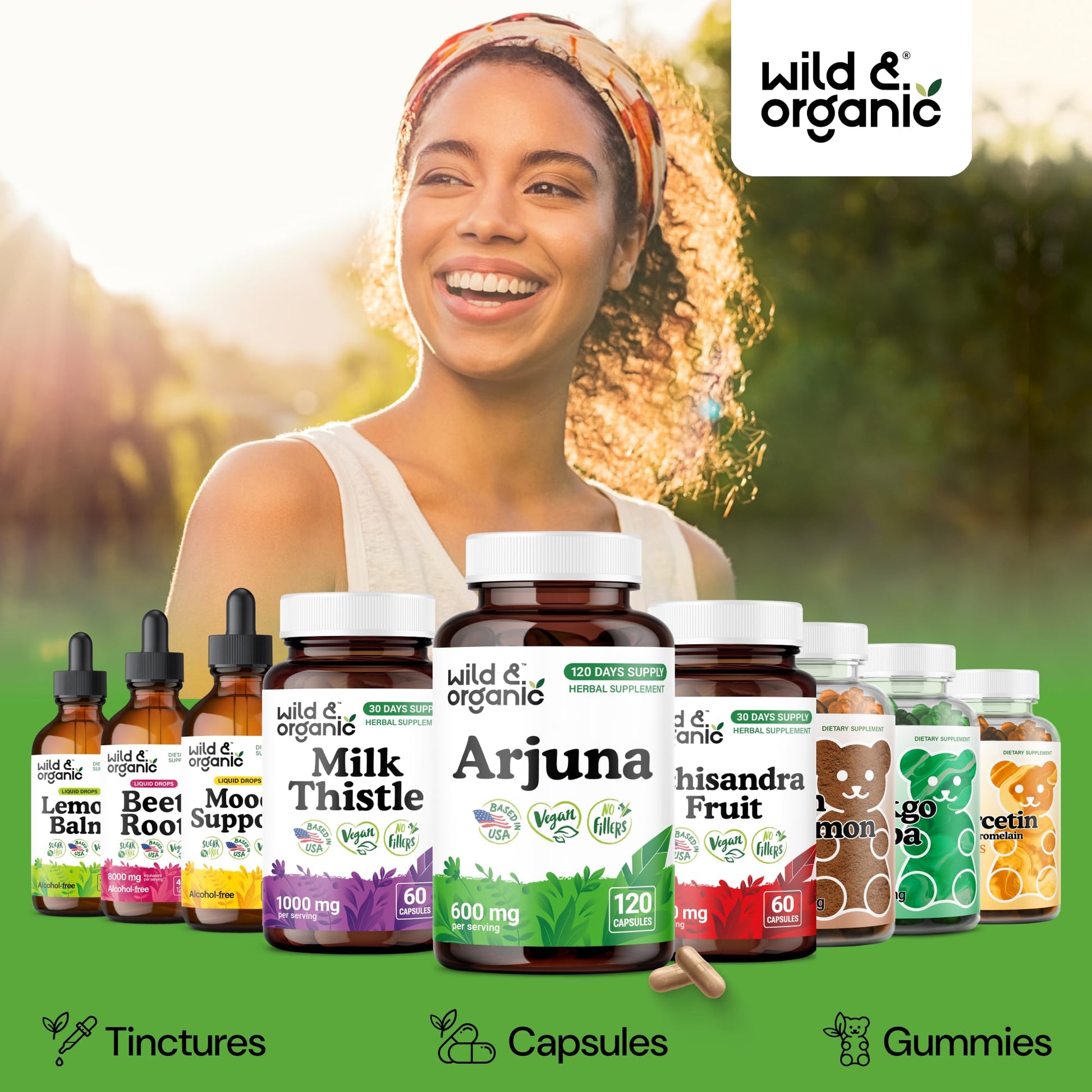 Back packaging of Wild Organic Arjuna capsules detailing usage instructions and clean ingredients list.