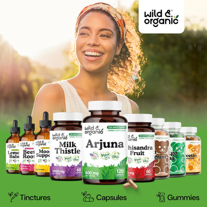 Back packaging of Wild Organic Arjuna capsules detailing usage instructions and clean ingredients list.