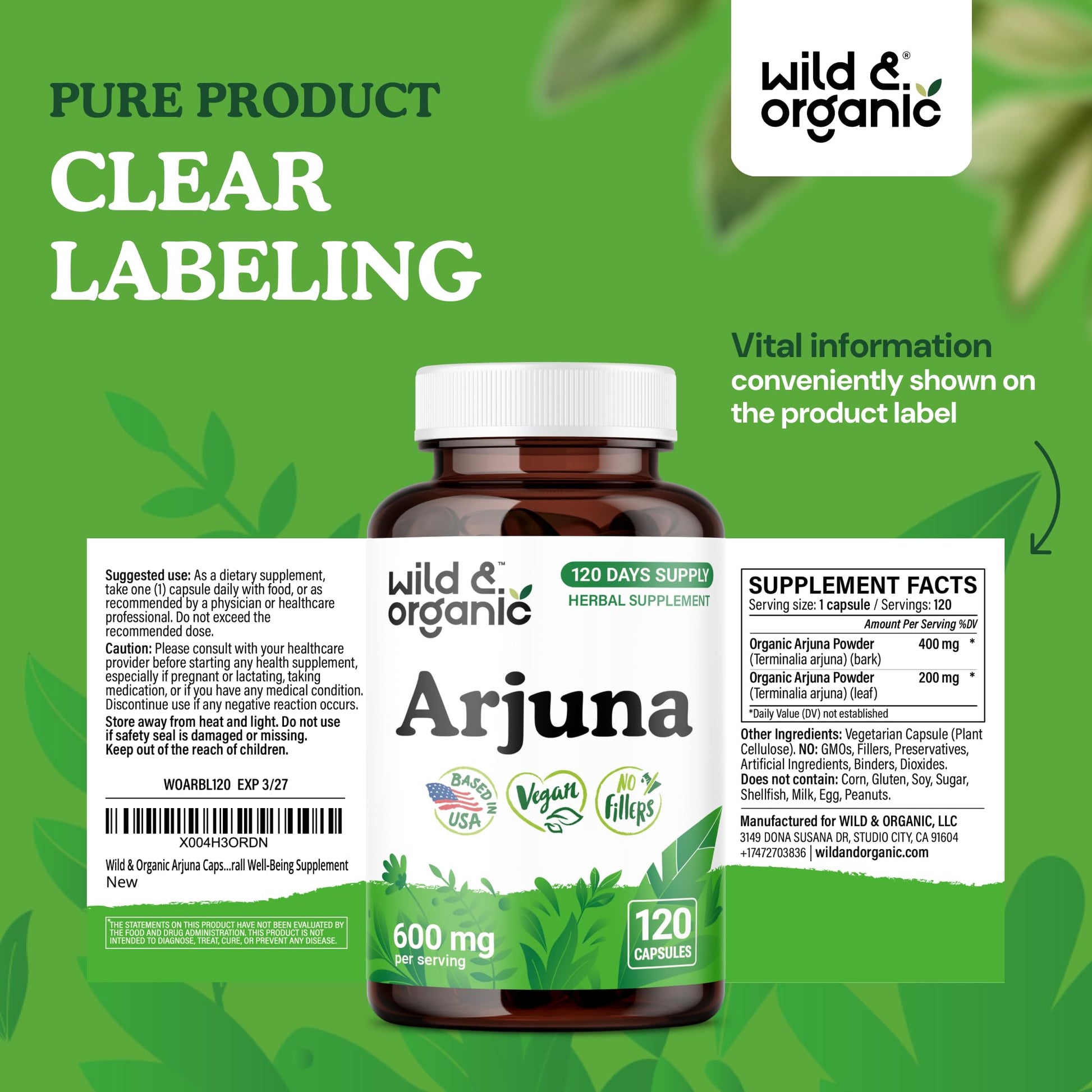 Authentic USA imported Wild Organic Arjuna 120 count bottle displaying four-month supply seal.