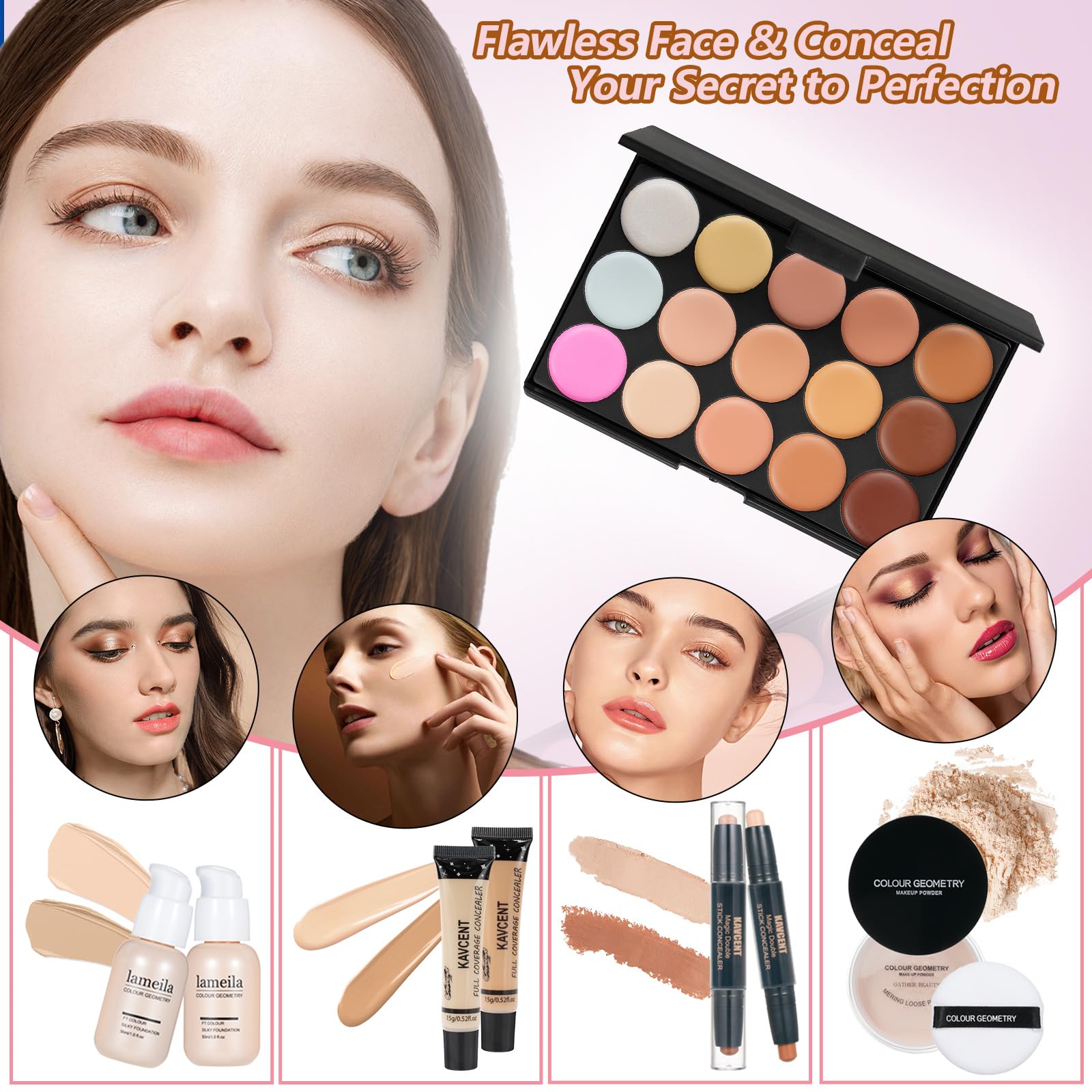 Kavcent makeup kit arranged neatly showing eyebrow pencil and black liquid eyeliner tools