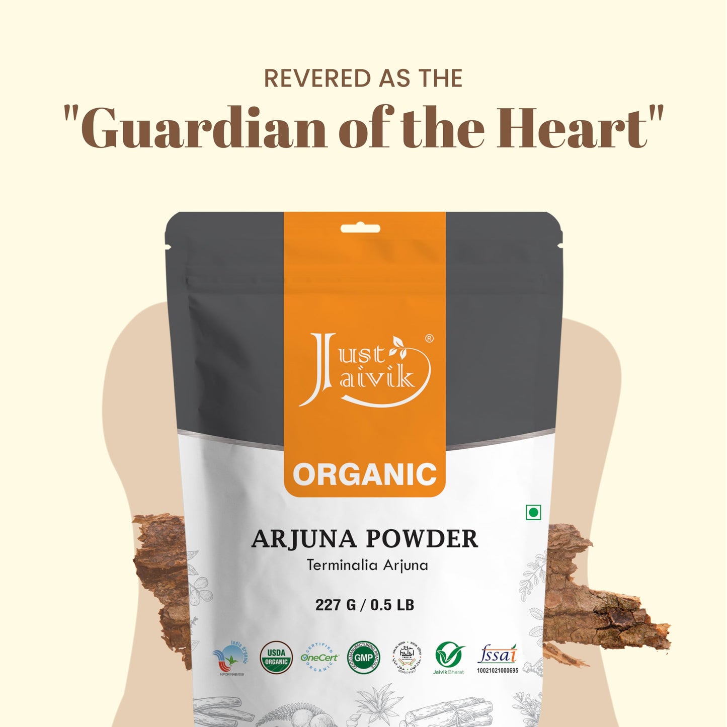 Ayurvedic Terminalia Arjuna bark powder by Just Jaivik for cardiovascular wellness.