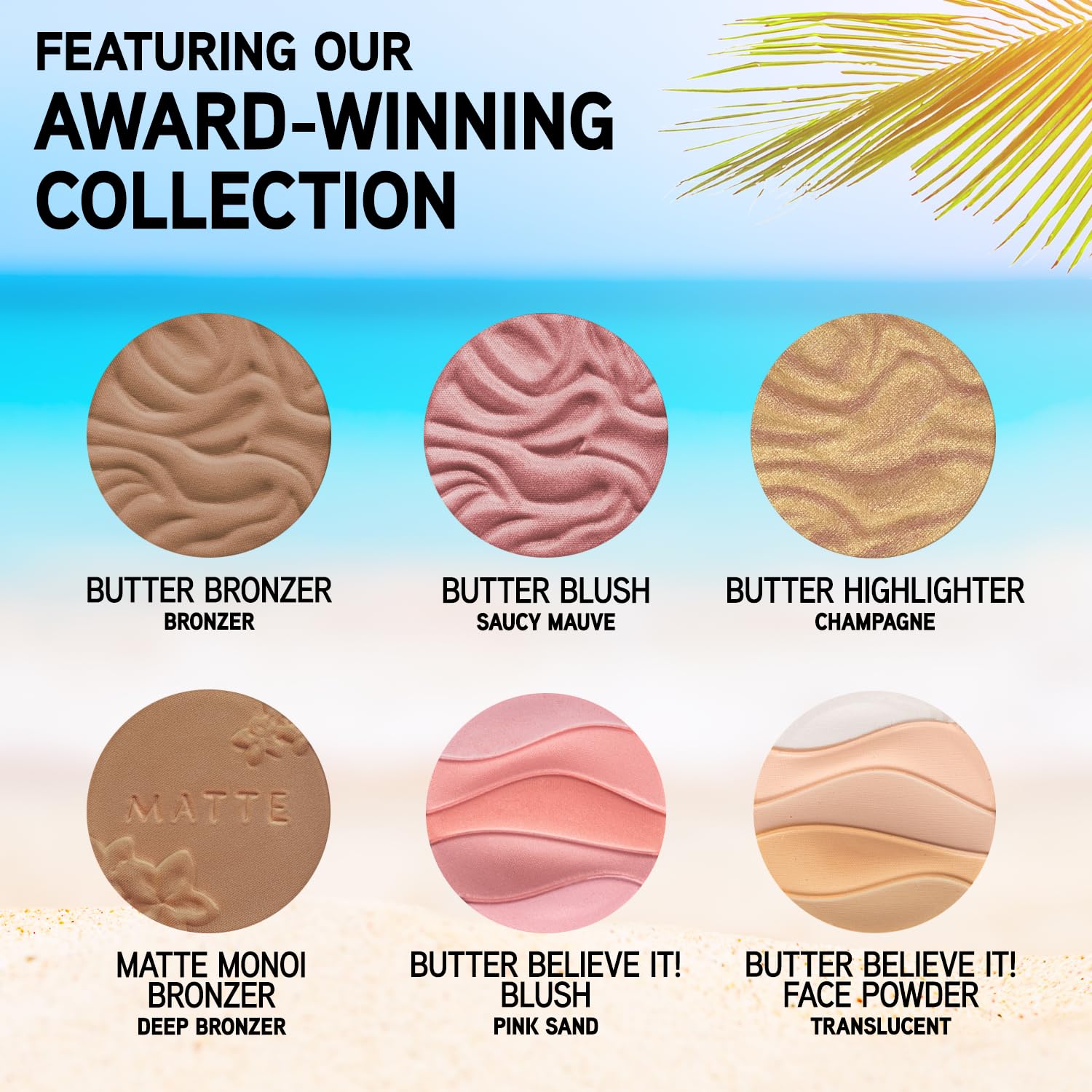 Physicians Formula face palette close up highlighting the creamy texture of the bronzer, blush, and highlighter shades.