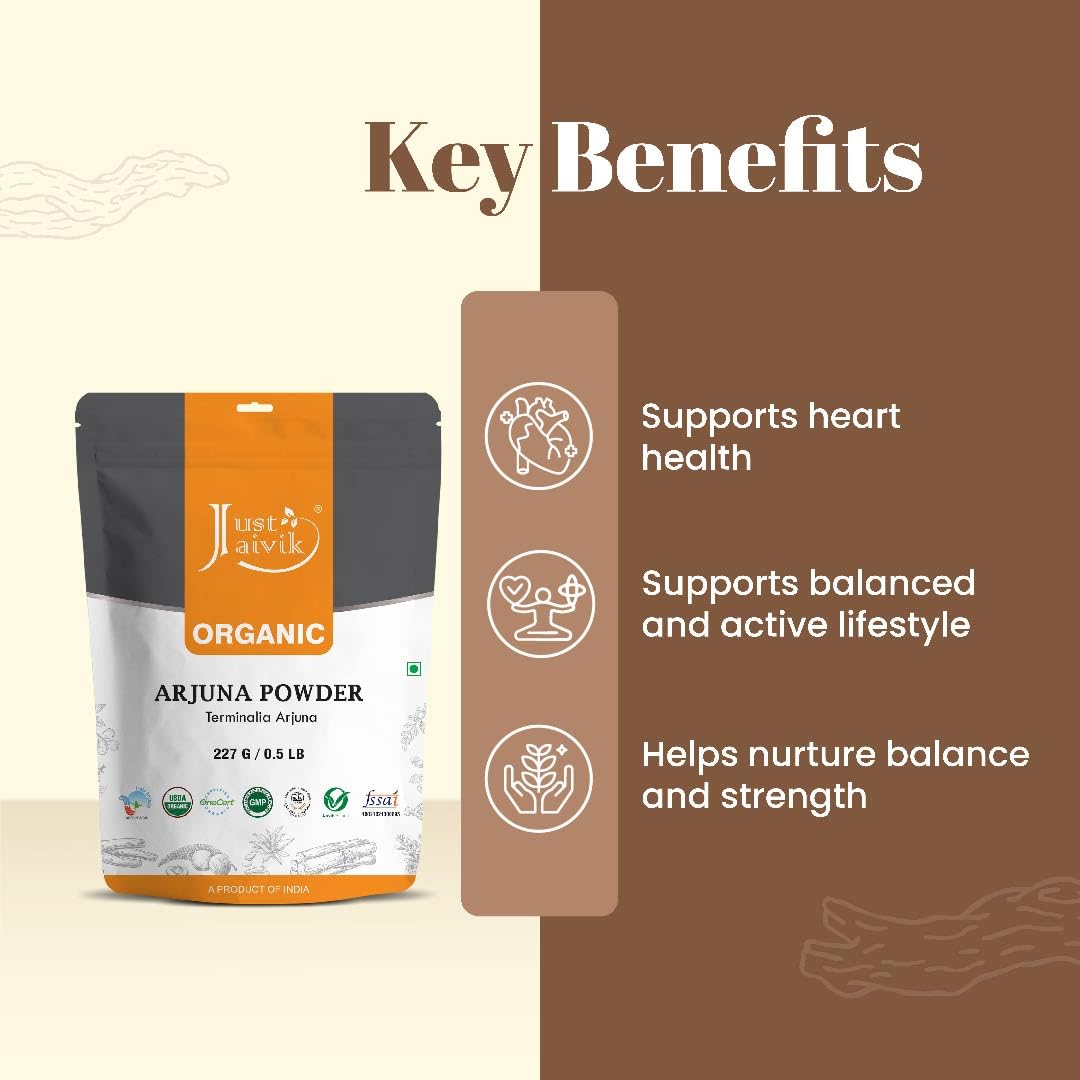 Back label of Just Jaivik organic herbal powder detailing ingredients and compliance information.