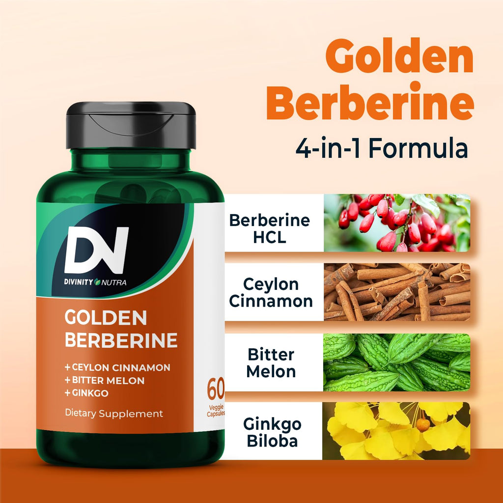 Educational graphic showing Berberine Ceylon Cinnamon and Bitter Melon ingredients