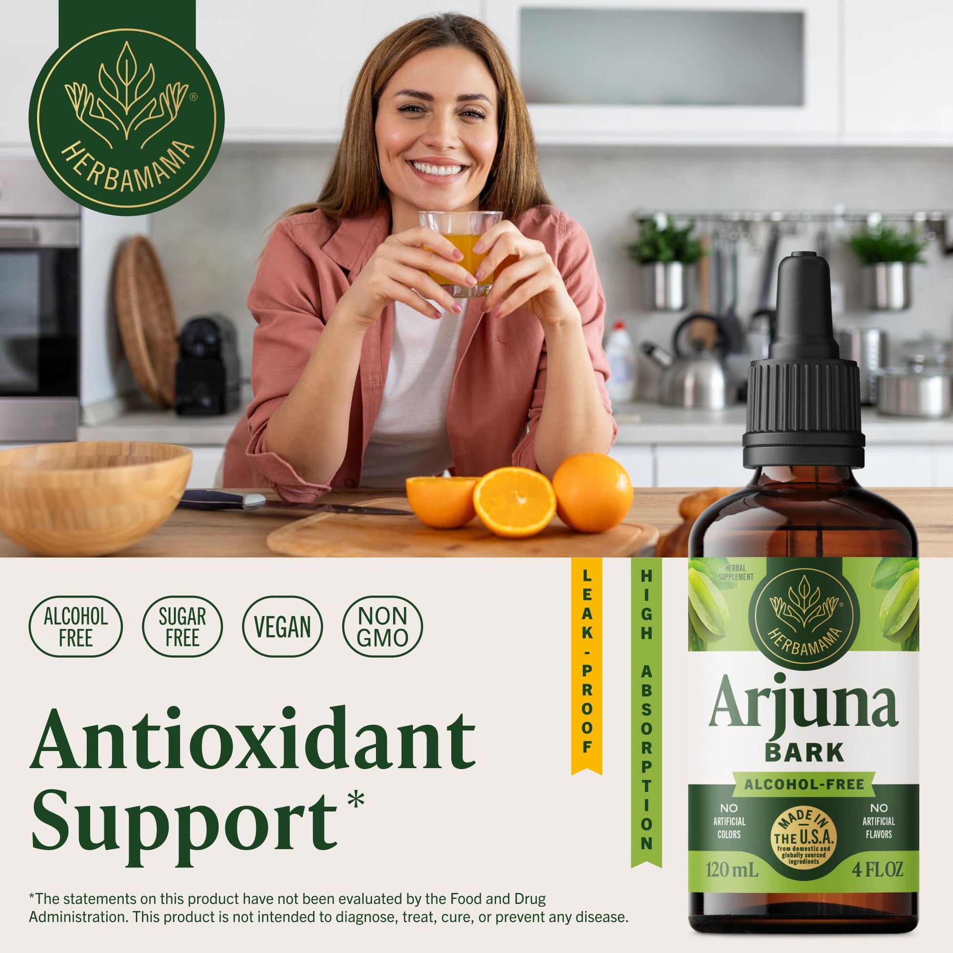 HERBAMAMA Arjuna tincture showing alcohol free and non GMO labels
