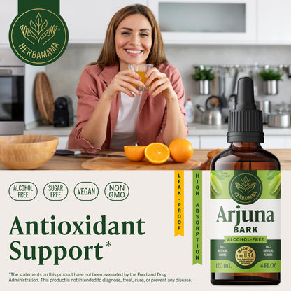 HERBAMAMA Arjuna tincture showing alcohol free and non GMO labels