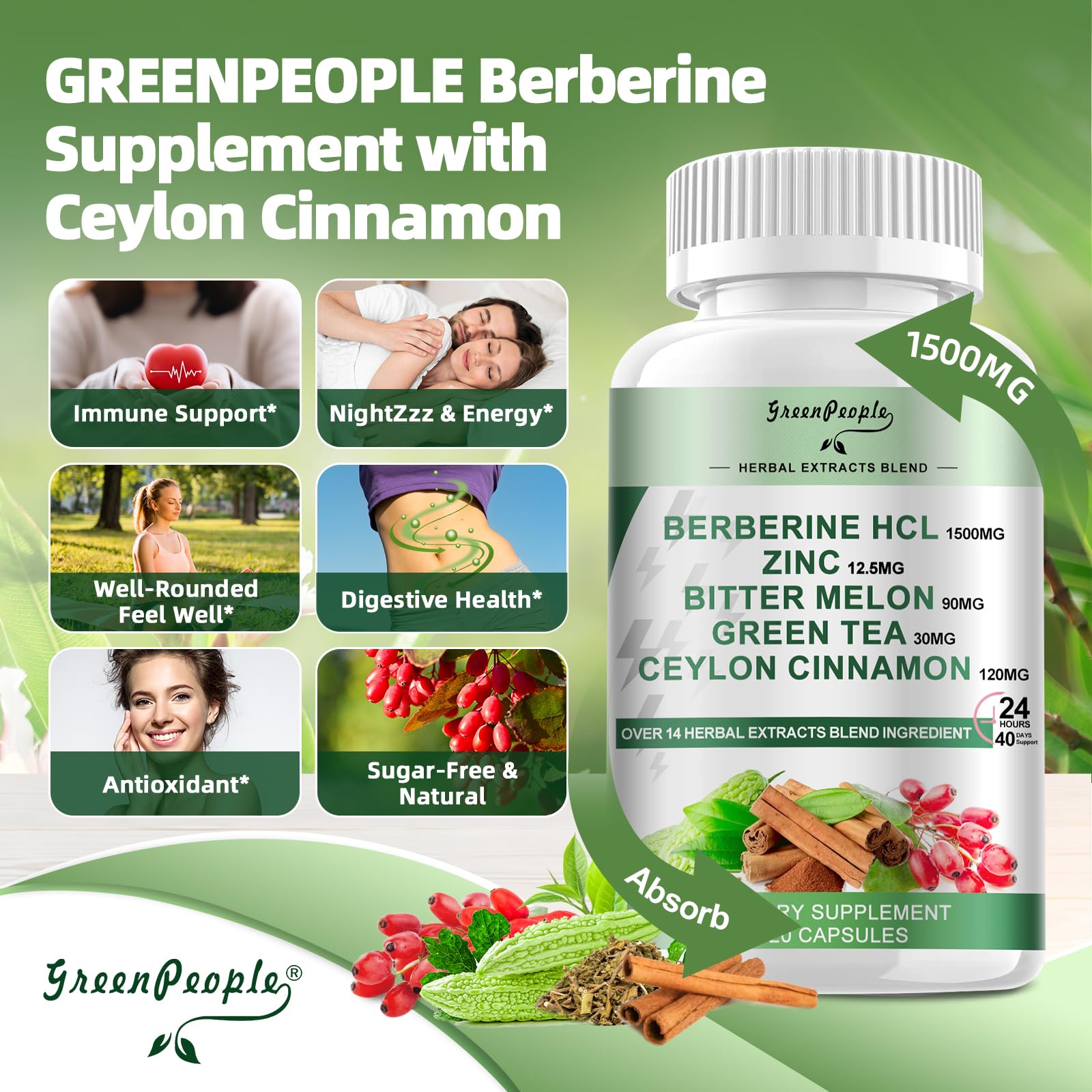 Greenpeople Berberine 120 capsules bottle side view