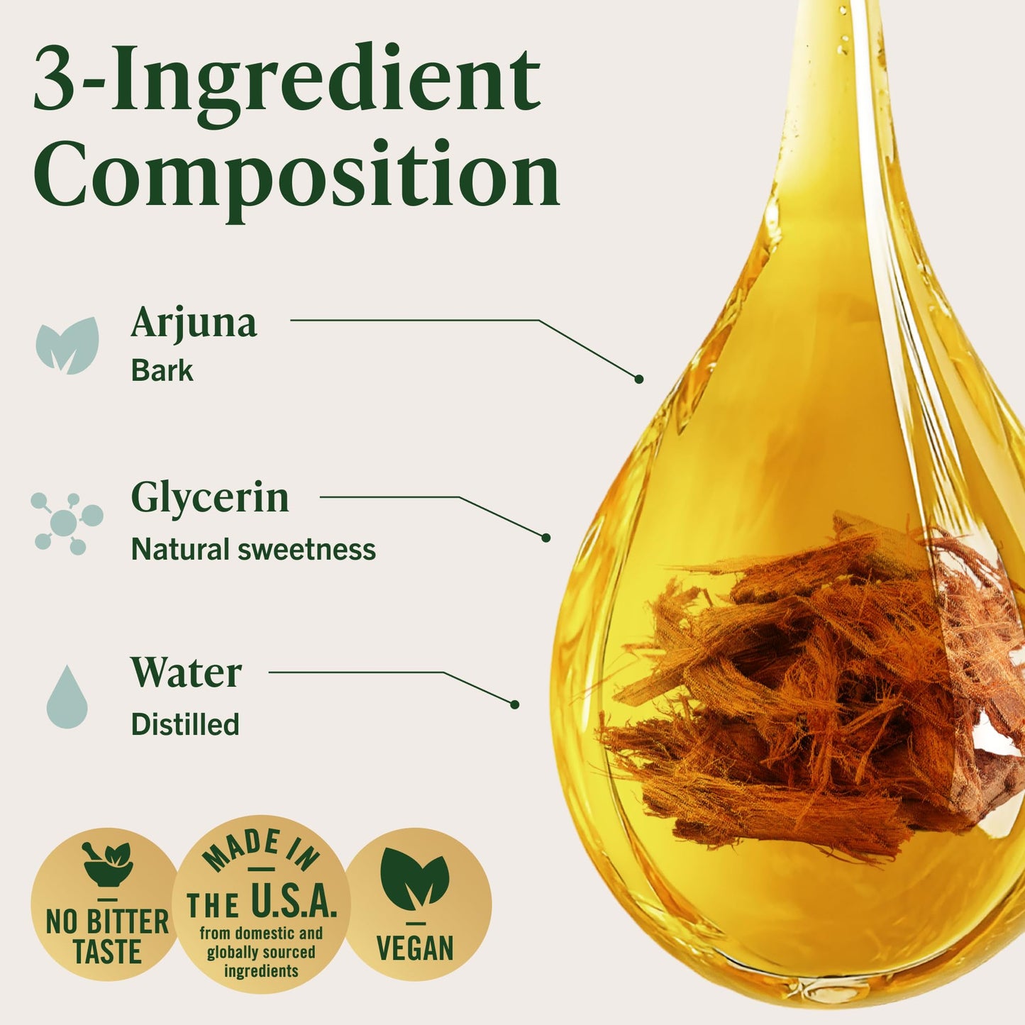 Supplement facts and clean three ingredient list on HERBAMAMA Arjuna bottle