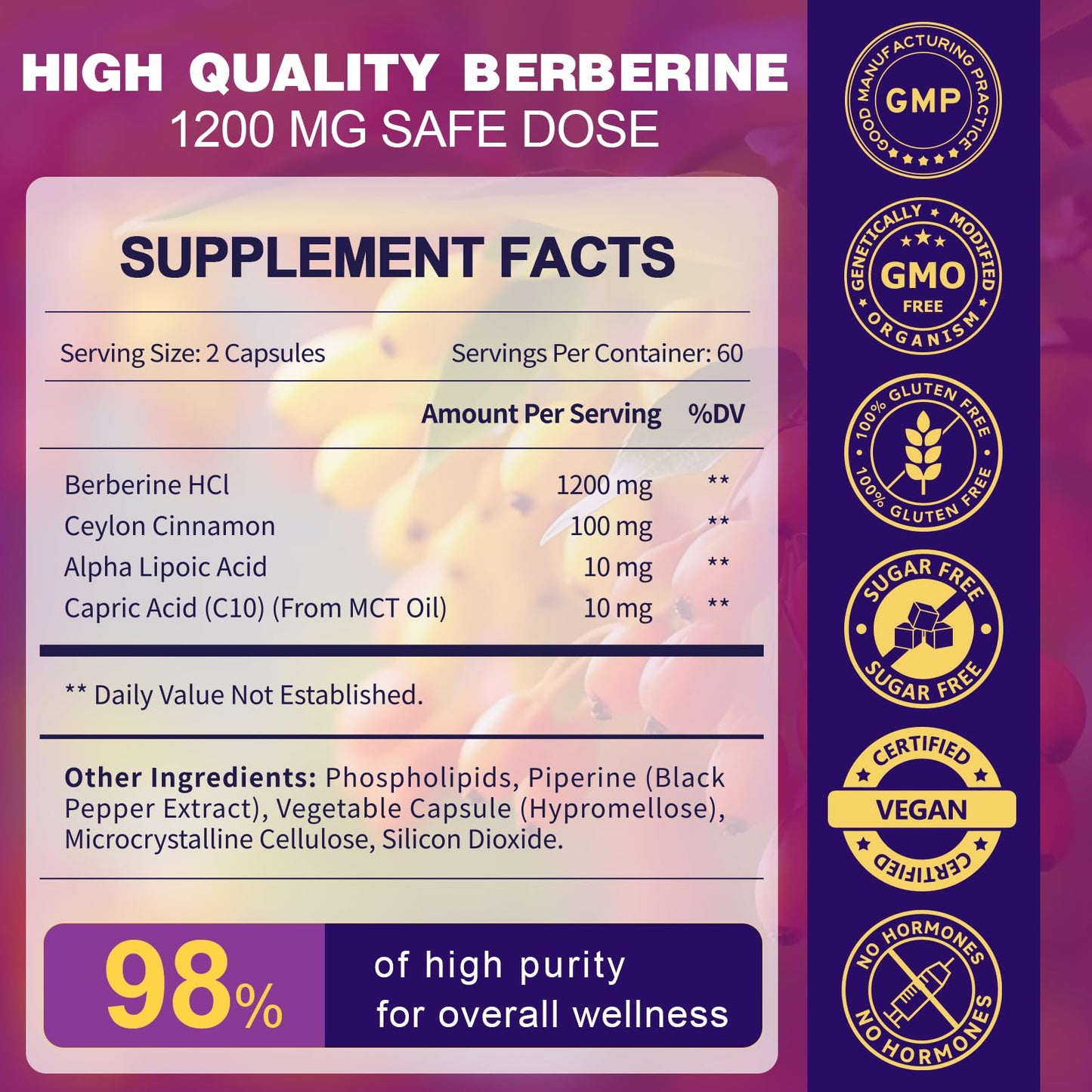 Zebora Berberine HCL supplement facts label
