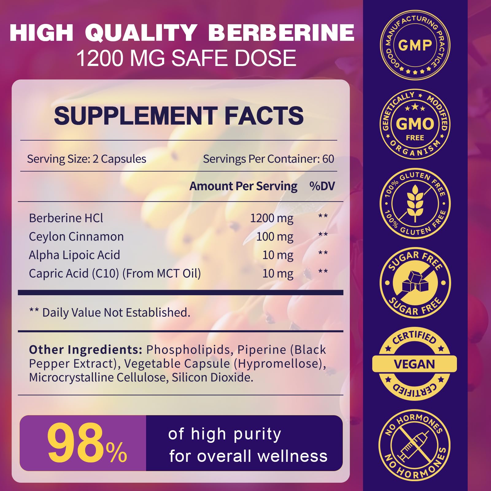 Zebora Berberine HCL supplement facts label
