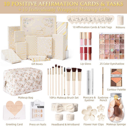 Qinline teenage girls cosmetics bundle showing the twenty-five color eyeshadow palette and three-in-one face contour selection.