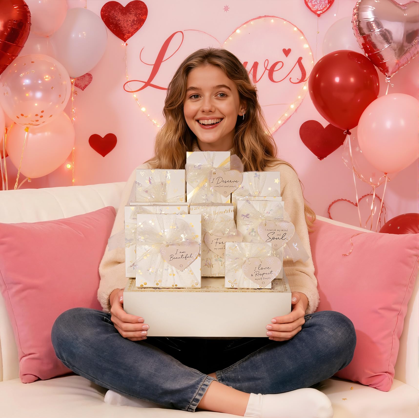 Qinline tween beauty kit displaying the six-piece lip gloss set with eyeliner and mascara tubes.