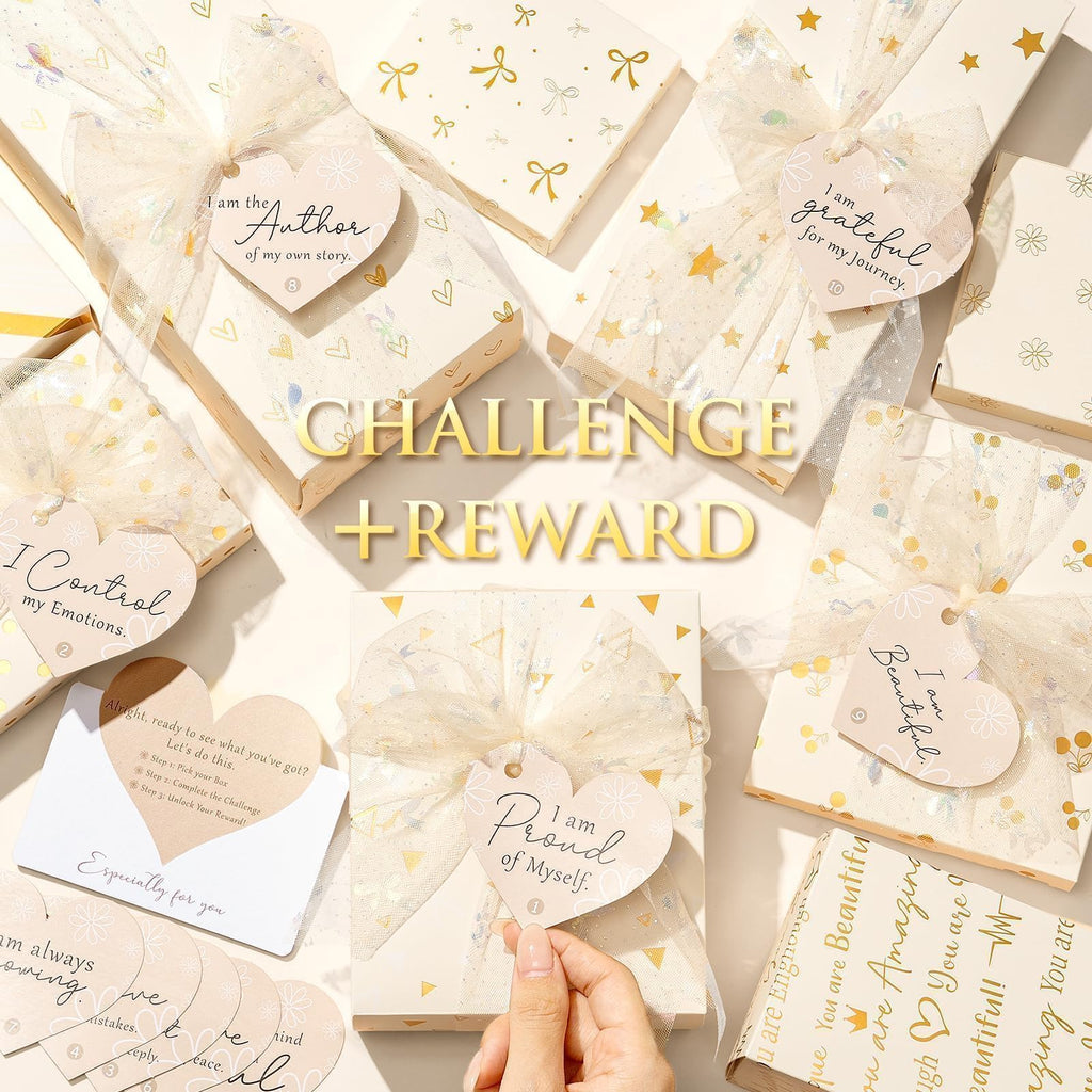 Qinline teen motivational gift box highlighting the ten positive affirmation cards and empowering challenge tags.