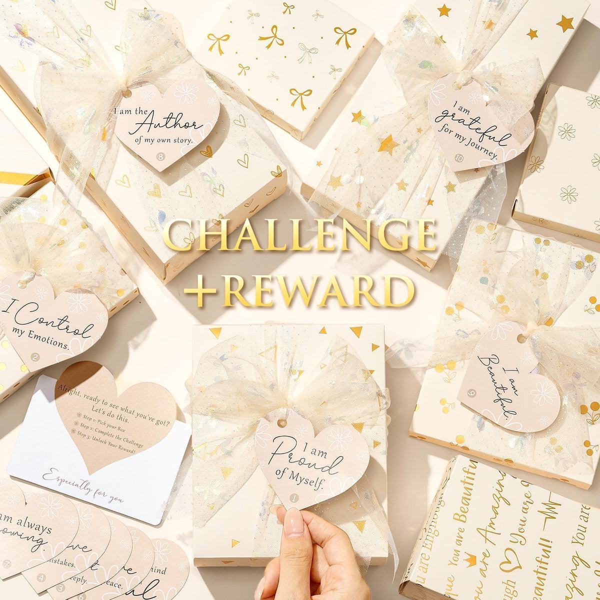 Qinline teen motivational gift box highlighting the ten positive affirmation cards and empowering challenge tags.