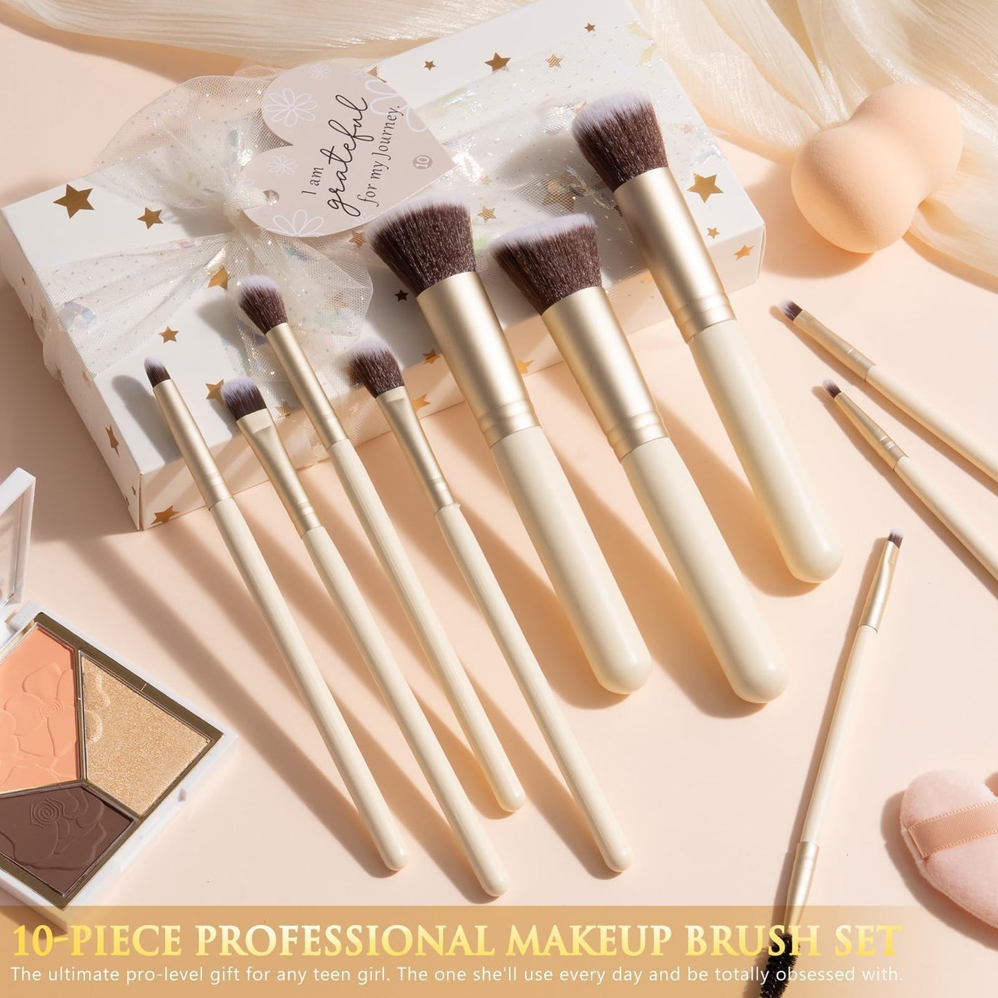 Qinline girls vanity accessories featuring ten pink makeup brushes and eleven matching blending sponges.