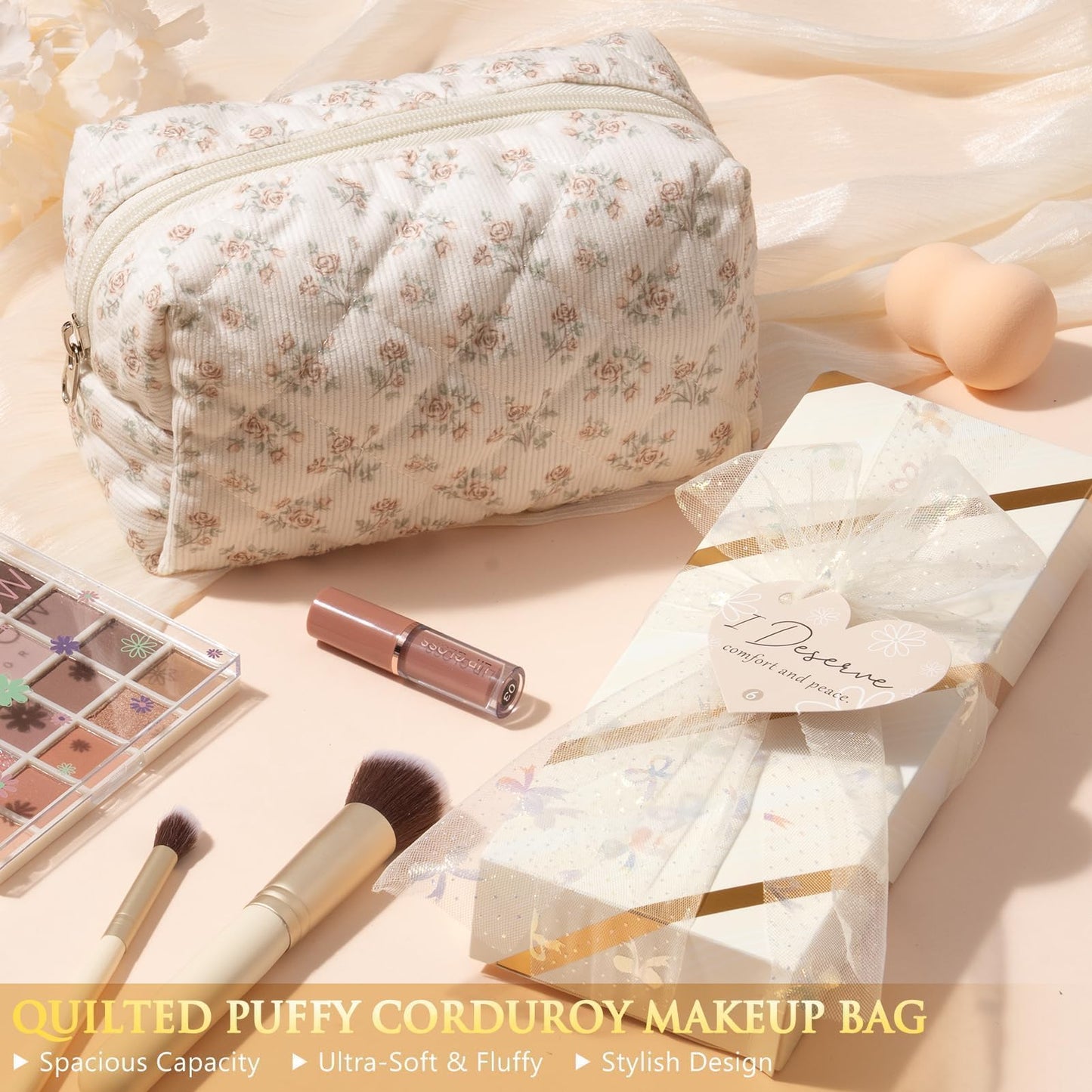 Qinline teen lifestyle collection showing the floral patterned makeup bag with the plush spa headband and wristbands.