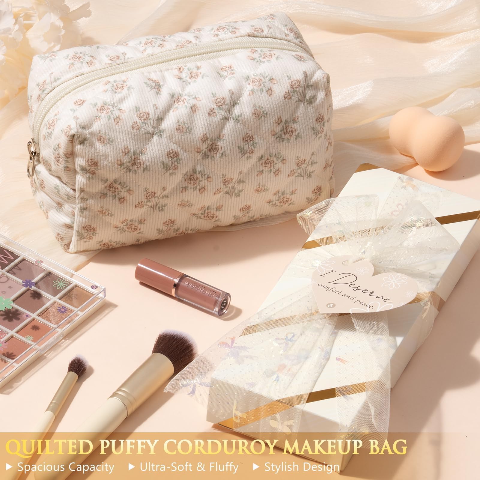 Qinline teen lifestyle collection showing the floral patterned makeup bag with the plush spa headband and wristbands.