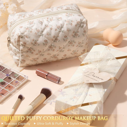 Qinline teen lifestyle collection showing the floral patterned makeup bag with the plush spa headband and wristbands.