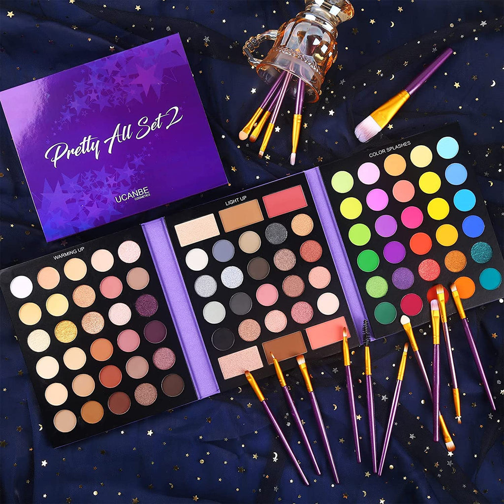 UCANBE 86 colors makeup palette opened showing three layers of eyeshadows and face powders.
