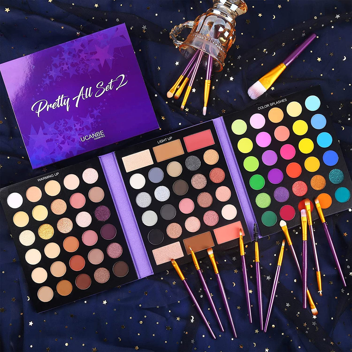 UCANBE 86 colors makeup palette opened showing three layers of eyeshadows and face powders.