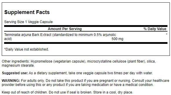 Side label of Swanson Arjuna bark extract herbal supplement showing standardized ingredient facts