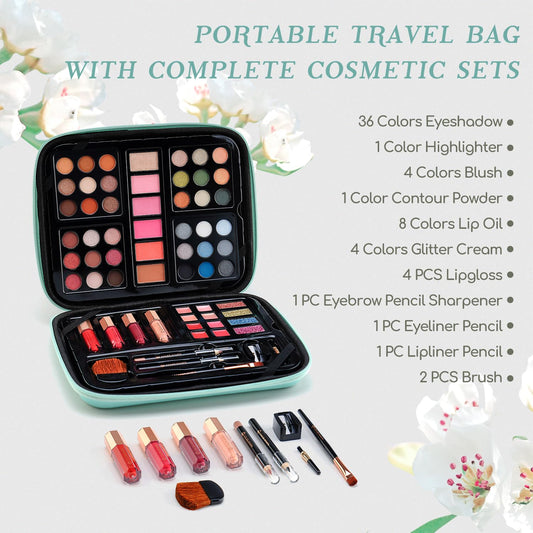 Color Nymph teen makeup set inside the open reusable mint green handbag.