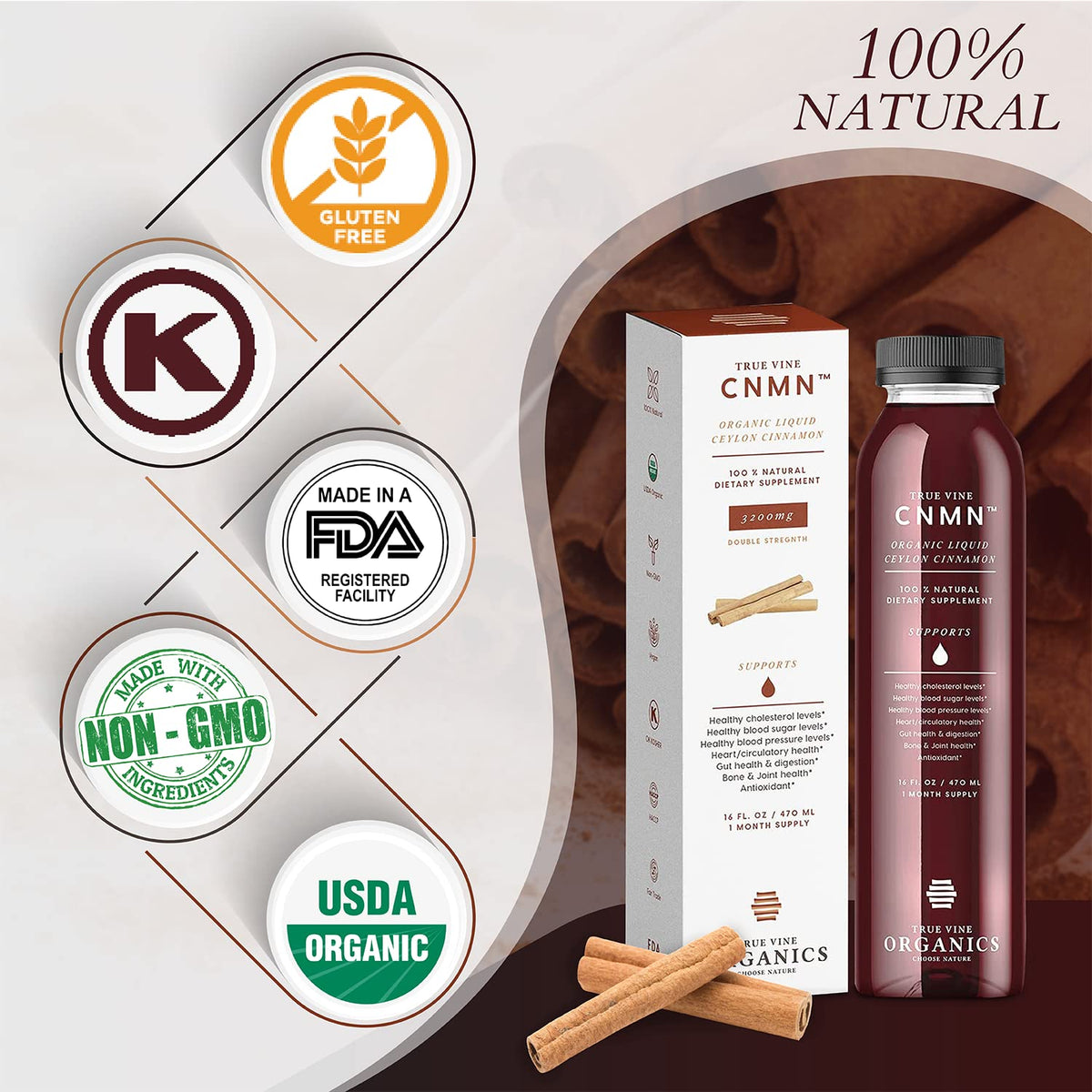 True Vine Organics liquid cinnamon box and bottle