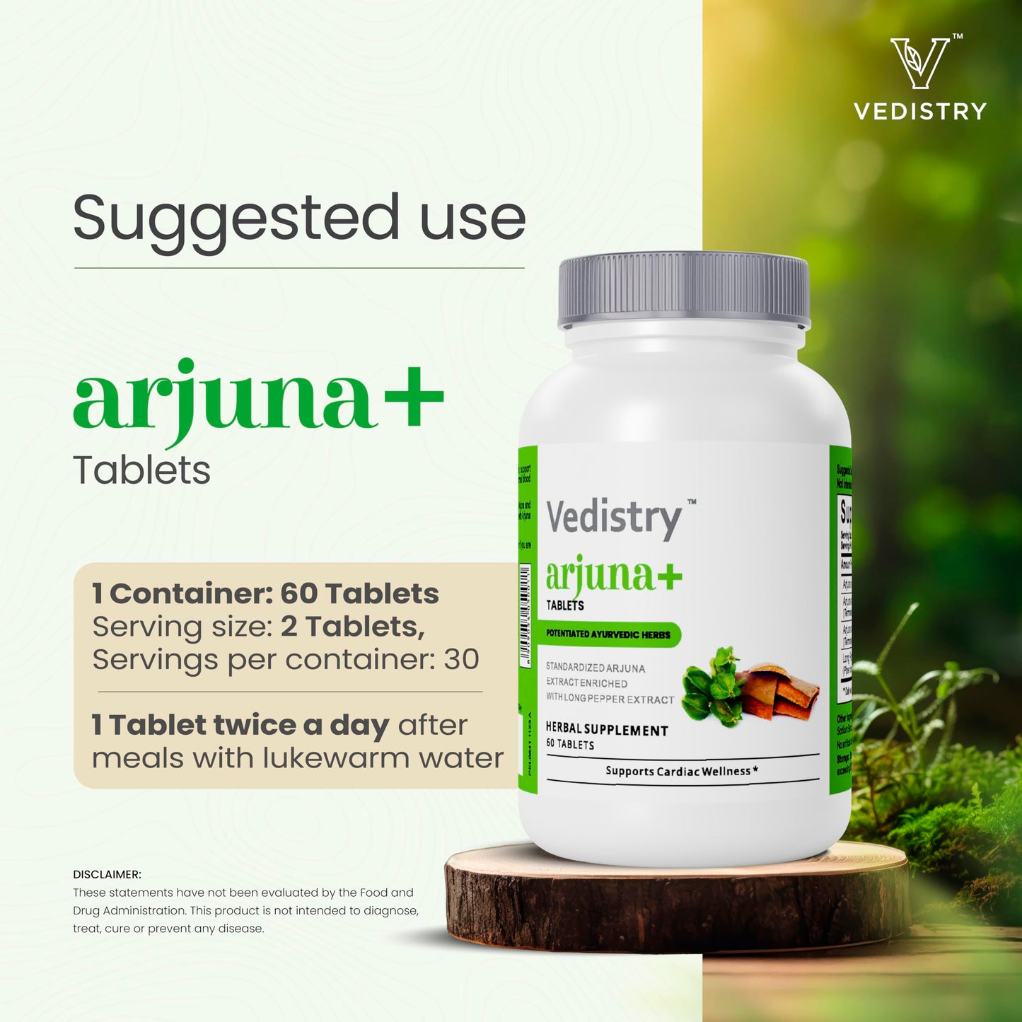 Side label of Vedistry Arjuna herbal tablets showing usage instructions