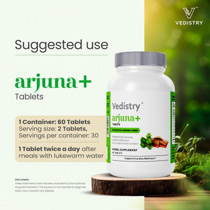 Side label of Vedistry Arjuna herbal tablets showing usage instructions
