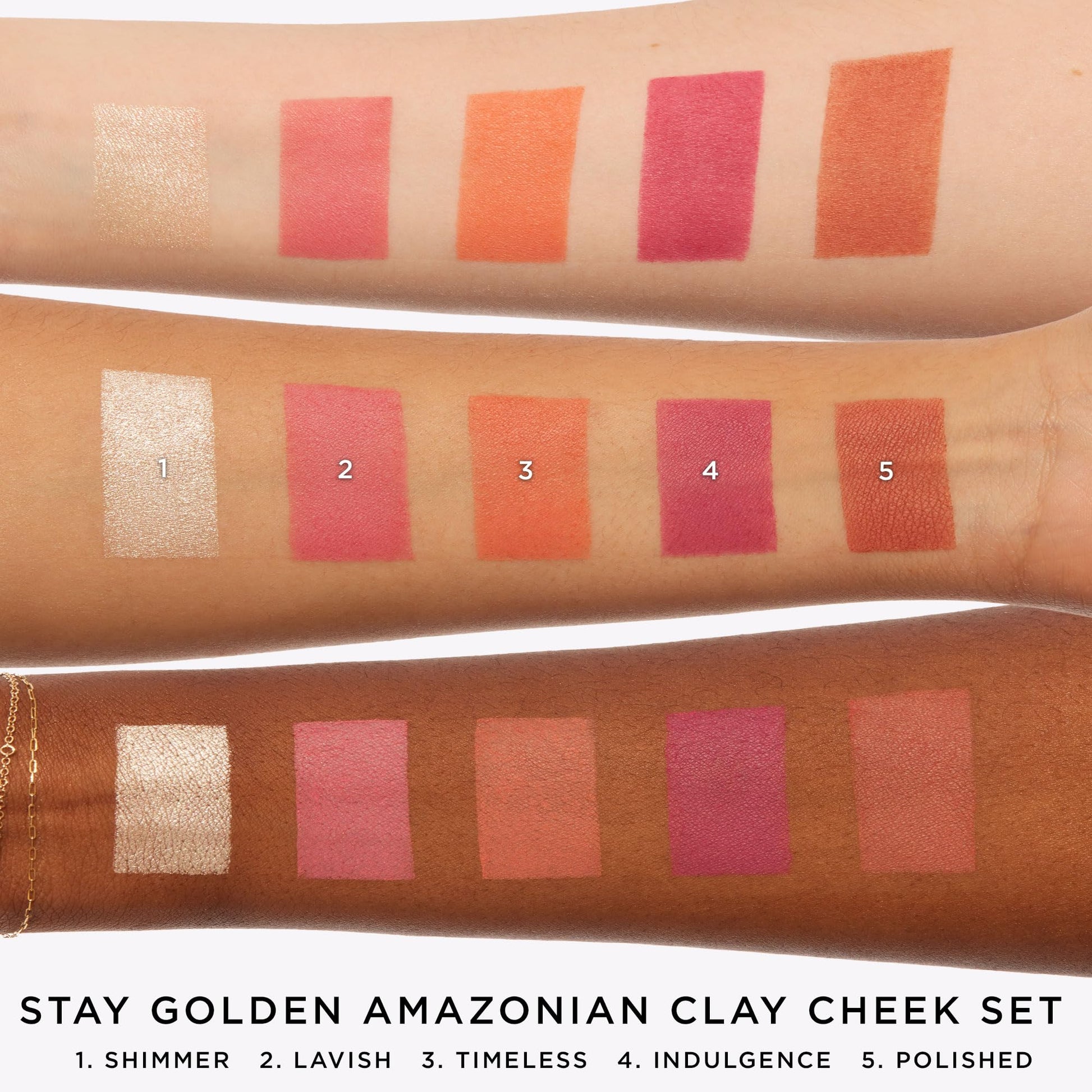 Open gold toned compacts showing different pink and coral shades of Tarte Amazonian clay blush.