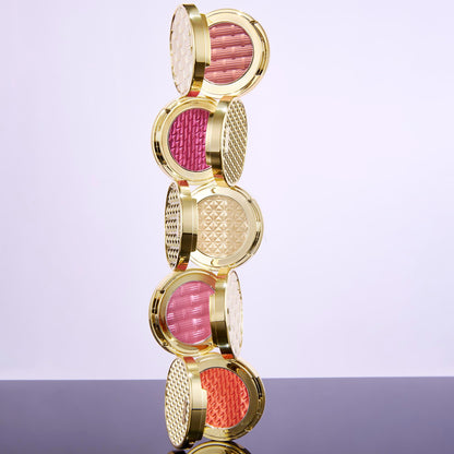 Swatches of the five buildable vegan blush shades on diverse skin tones showing pigment payoff.