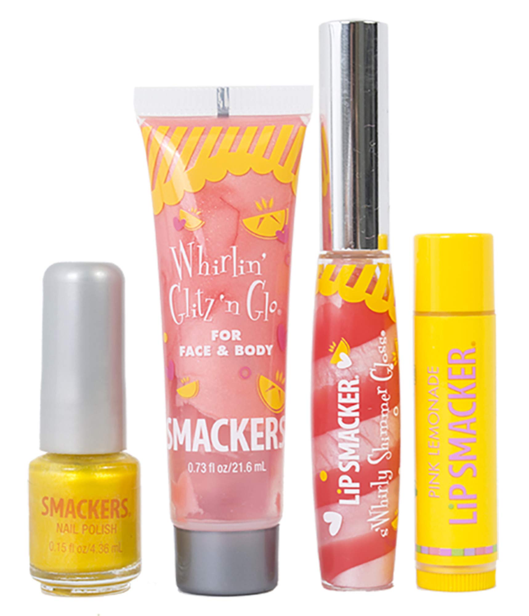 Lip Smacker girls makeup kit components including moisturizing lip balm, shimmer gloss, nail polish, and lotion.