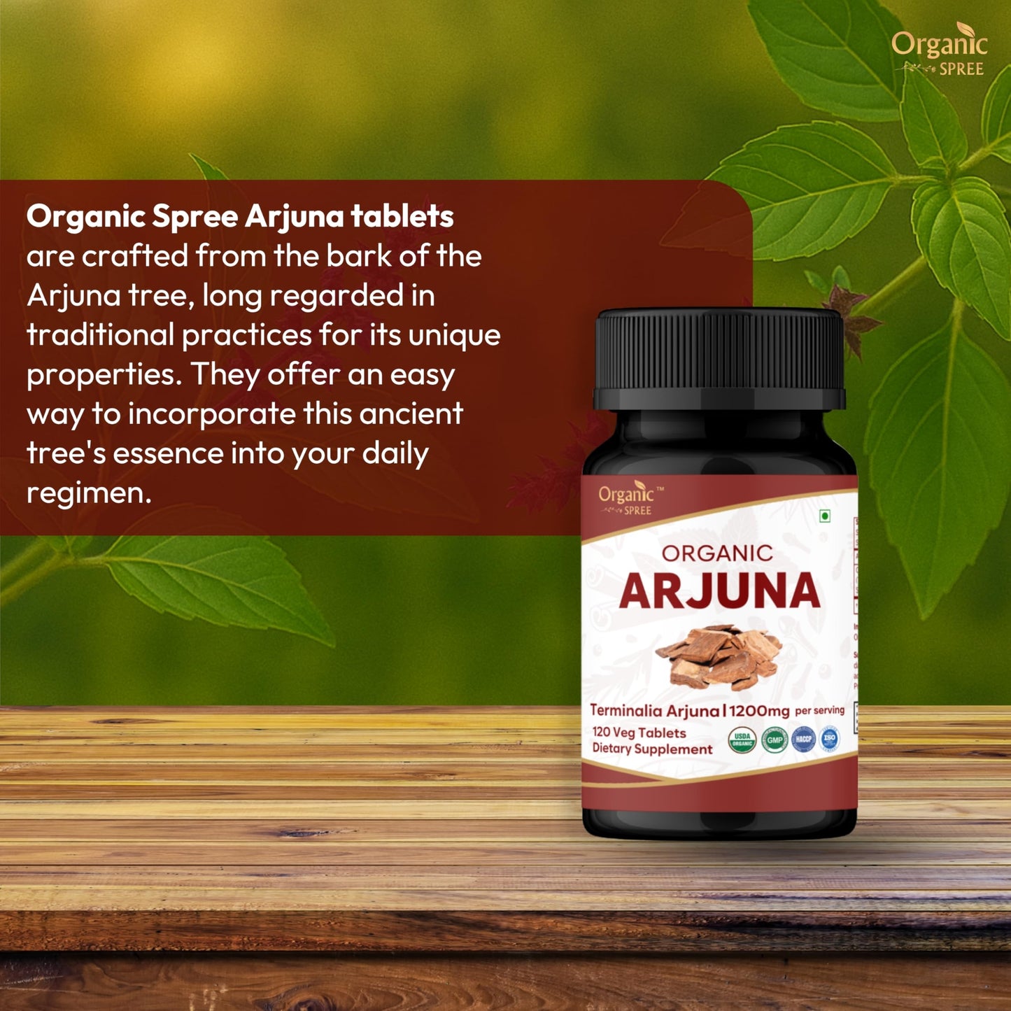 Side view of Organic Spree Arjuna bottle highlighting GMP and HACCP manufacturing seals