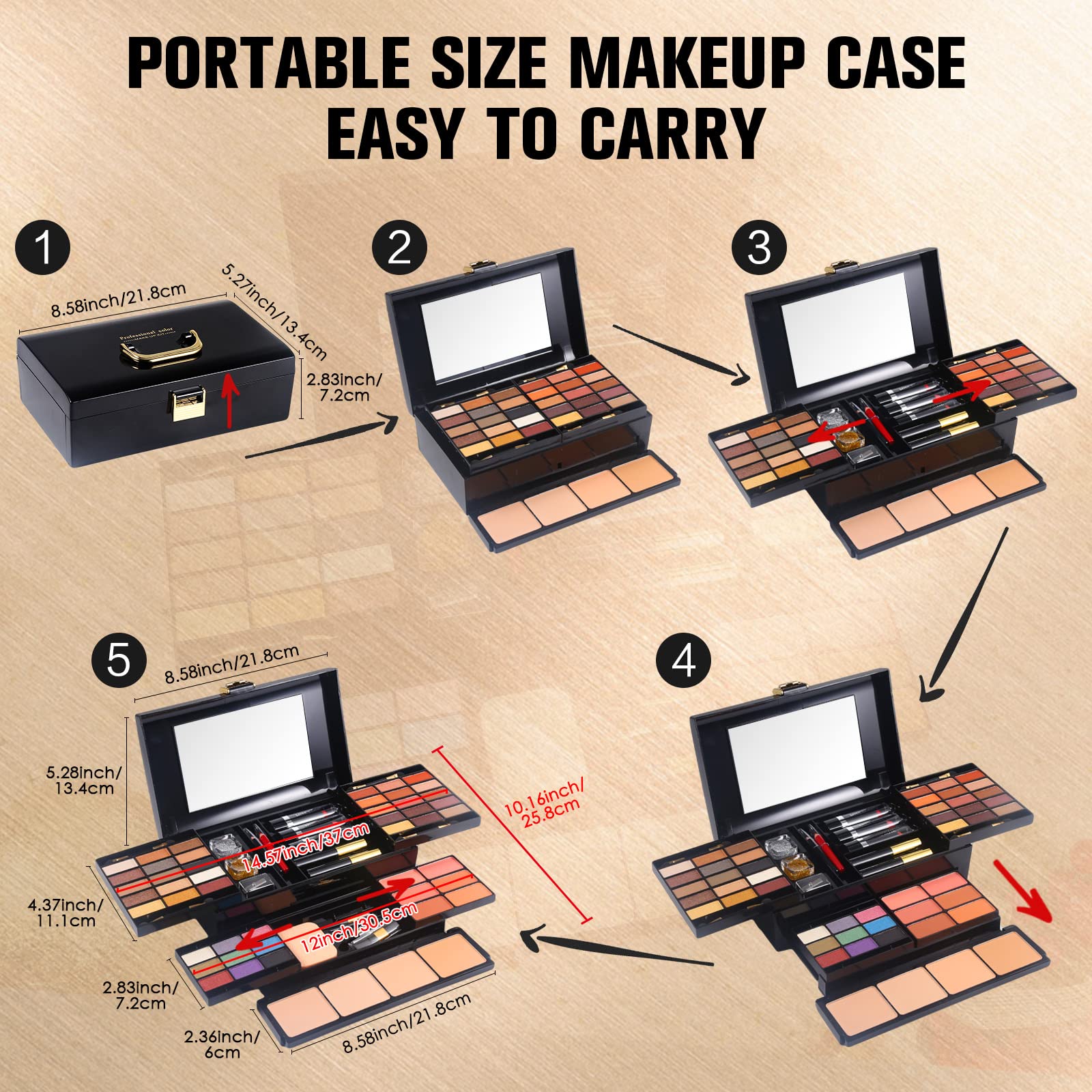 Full Morneca makeup kit components laid out