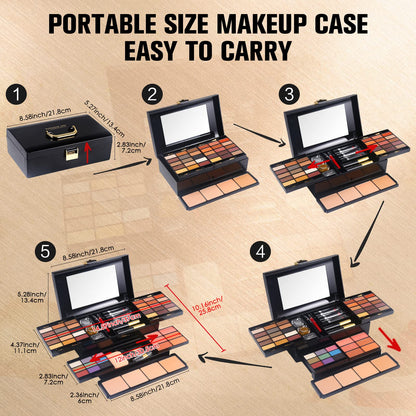 Full Morneca makeup kit components laid out