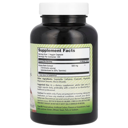 Side angle of Amazing India Arjuna Bark 500mg bottle highlighting the standardized extract facts and non-GMO certification details.
