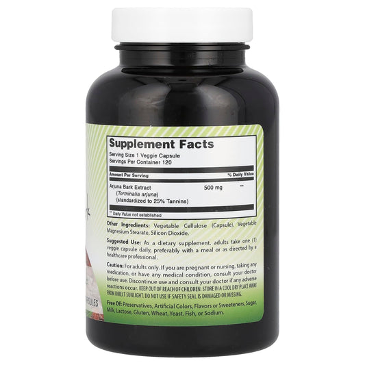Side angle of Amazing India Arjuna Bark 500mg bottle highlighting the standardized extract facts and non-GMO certification details.