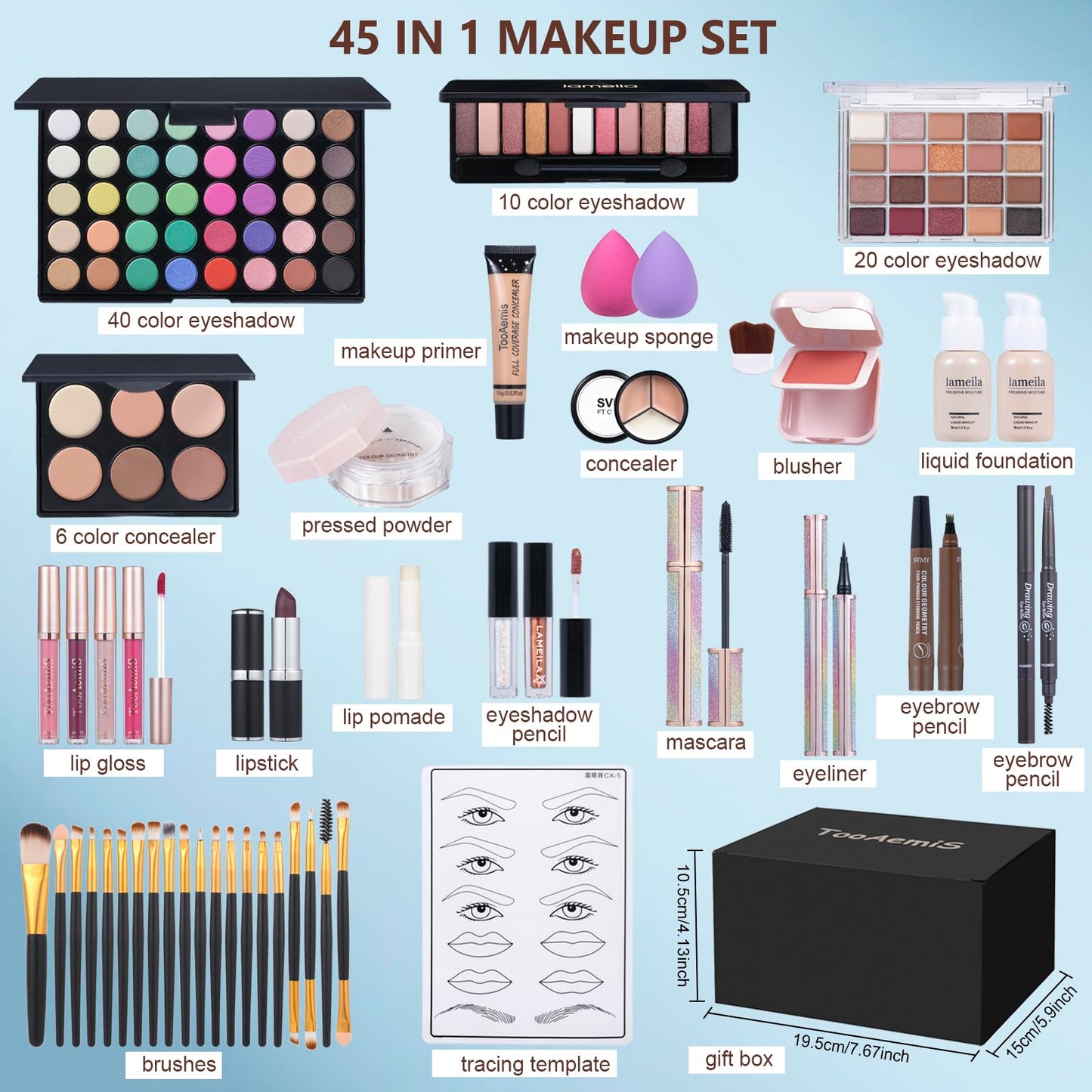 TooAemiS full cosmetic collection featuring liquid foundation, loose powder, lip glosses, and beauty sponges.