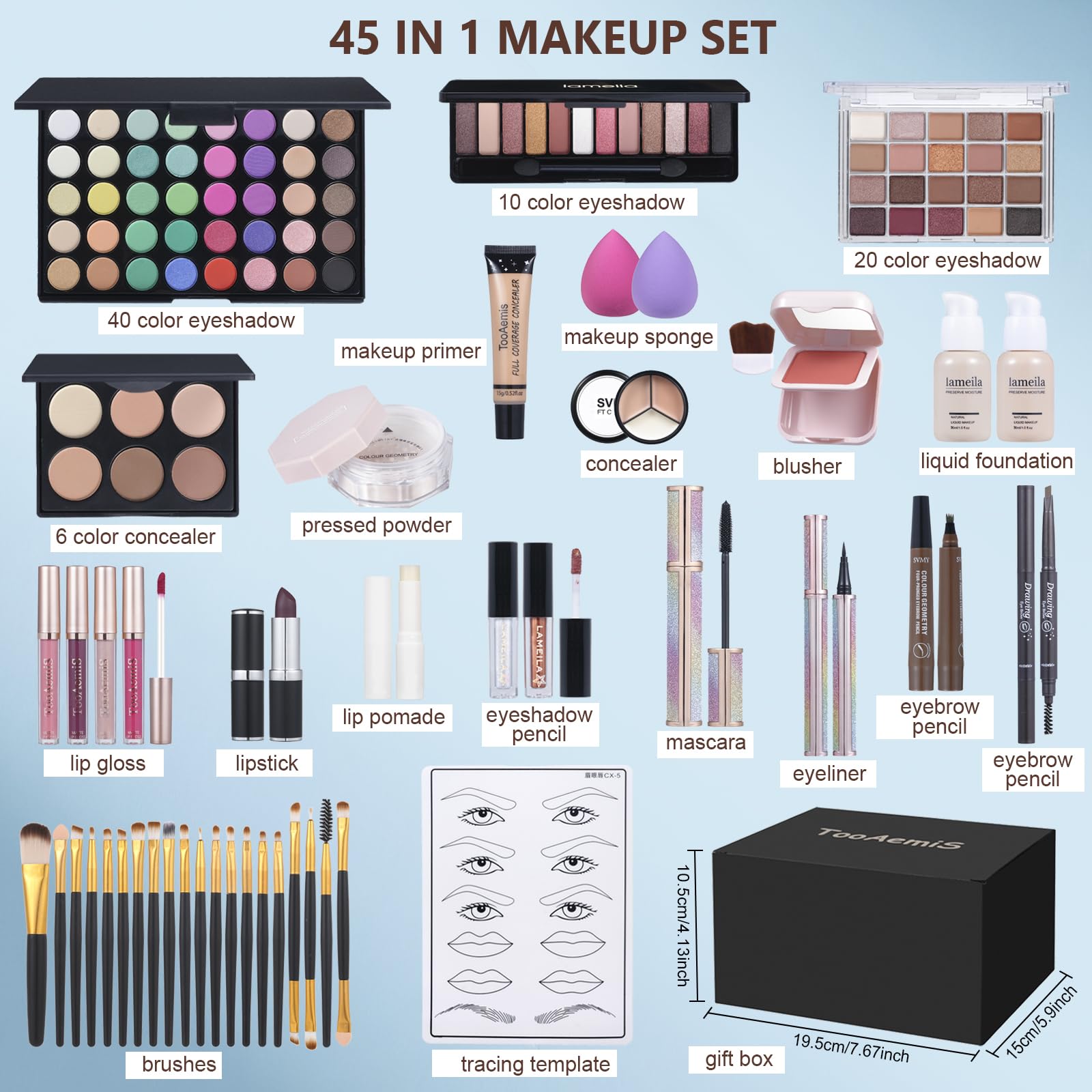 TooAemiS full cosmetic collection featuring liquid foundation, loose powder, lip glosses, and beauty sponges.