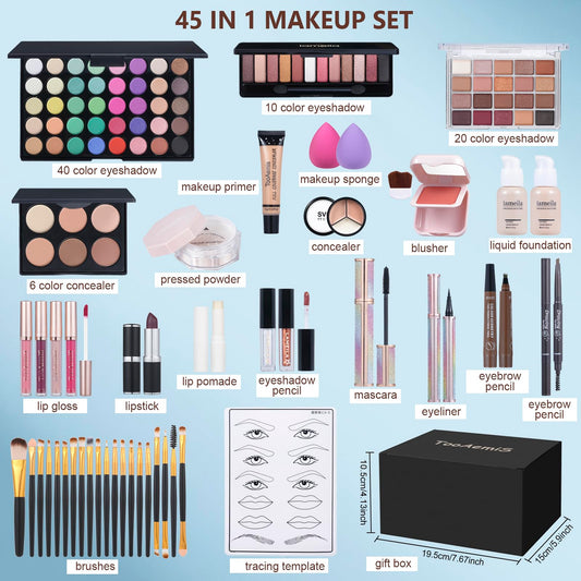 TooAemiS full cosmetic collection featuring liquid foundation, loose powder, lip glosses, and beauty sponges.